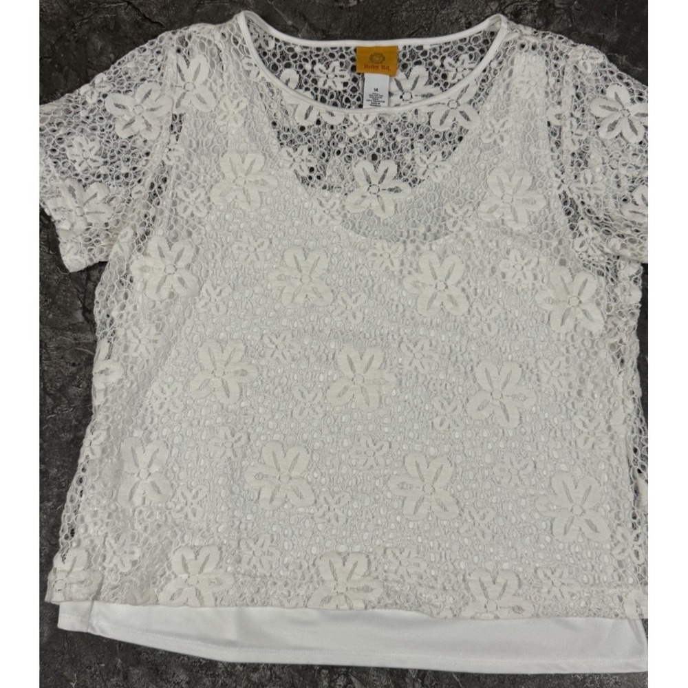 Ruby Rd. Womens Floral Lace Overlay Top w/ Tank Summer Beachy White Sz 14 - Picture 3 of 8